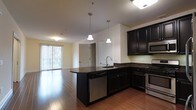 This single-floor space showcases a thoughtfully designed open-concept layout that seamlessly integrates the kitchen and living areas into one cohesive, functional environment. The kitchen is a standout feature, boasting rich dark cabinetry that extends to the upper and lower levels, providing ample storage throughout. Dark granite countertops add elegance and contrast, while a peninsula island serves as a natural dividing point between the kitchen and the adjoining living space. Stainless steel appliances, including a range, microwave, and dishwasher, lend a modern and polished feel to the kitchen. Dual pendant lights hang above the peninsula, adding both task lighting and a decorative touch. Warm hardwood flooring flows continuously throughout the space, unifying the kitchen and living areas with a consistent, inviting aesthetic. The living area benefits from generous natural light streaming through large sliding glass doors fitted with vertical blinds, which open to an outdoor view. The neutral wall tones and recessed ceiling fixtures further enhance the bright, airy ambiance, making this a welcoming and well-appointed space ideal for both everyday living and entertaining.