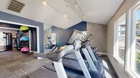 Located at 1747 Capital Circle NE in Tallahassee, Florida, this fitness center is a well-appointed, single-floor facility designed to support a full range of workout routines. The space is thoughtfully laid out, with a dedicated cardio zone showcasing multiple treadmills and an elliptical machine positioned in front of large windows that flood the area with natural light and offer pleasant views of the surrounding greenery. A vaulted ceiling in the cardio section adds a sense of openness, while track lighting ensures the space is well-illuminated throughout.

The interior design features a bold combination of deep navy blue accent walls, stone-textured wall panels, and patterned carpet tile flooring, creating a modern, energetic atmosphere. A mirrored wall expands the visual depth of the space and is ideal for form-checking during workouts.

A separate strength training area houses an Inspire cable machine, a weight bench, a dumbbell rack, and an assortment of colorful medicine and stability balls mounted on the wall for easy access. Wall-mounted yoga mat storage supports flexibility and recovery routines. A wall-mounted flat-screen TV is positioned in an open area, offering entertainment during workouts. The overall design is clean, functional, and stylishly modern.