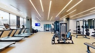 Located at 1900 S Hanover St in Baltimore's vibrant South Baltimore neighborhood, this modern fitness center spans a single floor and is divided into two well-equipped exercise rooms. The main exercise room impresses with its warm wood-paneled ceiling adorned with sleek linear LED lighting that illuminates the spacious, open floor plan. Durable speckled rubber flooring runs throughout, providing both safety and comfort underfoot. This primary space houses a full row of treadmills and cardio machines along one wall, a multi-station cable machine, adjustable benches, a comprehensive dumbbell rack with floor-to-ceiling mirrors, and wall-mounted televisions for entertainment during workouts. A second exercise room offers a distinct functional training environment, bathed in natural light from expansive floor-to-ceiling windows overlooking the surrounding streetscape. This area is outfitted with indoor cycling bikes, stability balls, a heavy punching bag, TRX suspension trainers, medicine balls, and plyo boxes, catering to high-intensity and cross-training workouts. Glass-panel doors connect the two rooms, maintaining an open and airy feel throughout. Together, the two rooms deliver a comprehensive, well-designed fitness facility suited for a wide range of training styles and fitness goals.