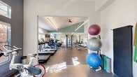 Located at 100 Christina Mill Dr in Newark, Delaware, this fitness center is a thoughtfully designed, two-zone workout facility that offers a comprehensive range of exercise options. The space is organized into two connected areas, each serving a distinct fitness purpose.

The primary workout zone features soaring vaulted ceilings accented by teal-painted upper walls and linear LED lighting that runs along the ceiling's angles, creating a bright and energizing atmosphere. Large arched windows flood the area with natural light, while floor-to-ceiling mirrors along one wall visually expand the space. This section houses a row of Life Fitness treadmills, elliptical machines, a cable cross-trainer, an adjustable weight bench, and a rack of dumbbells, providing a complete strength and cardio experience.

The secondary zone offers a more intimate setting with high ceilings, tile flooring, and tall windows that bring in additional daylight. This area is dedicated to cycling and functional training, featuring LifeCycle spin bikes, exercise balls on a storage rack, and a wall-mounted television. French doors connect this room to the main space, enhancing the open flow between areas.

Additional amenities include a water station, ample open floor space for stretching, and a clean, well-maintained environment throughout. The facility's combination of architectural detail and modern equipment makes it a functional and inviting place to work out.