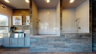 Located at 2023 Quail Creek Dr in Laredo, TX, this single-floor pet wash facility is thoughtfully designed to combine functionality with upscale aesthetics. The interior features wood-look tile flooring throughout, lending a warm, cohesive look across all areas of the space.

The bathing area is a standout feature, offering a generously sized, walk-in wash station lined with classic white subway tiles and complemented by stone-look tile surrounds. A handheld showerhead provides flexible washing capabilities, while a central floor drain ensures efficient water management. A wall-mounted TV keeps pets and owners entertained during the wash. Adjacent to the bathing station, a stainless steel farmhouse sink sits atop granite countertops with soft gray cabinetry below, stocked with grooming supplies.

The grooming area features a professional-grade grooming table with an adjustable arm, set against a bright, windowed wall that allows ample natural light and street views. Retro-style high-top tables with red-cushioned stools provide a welcoming waiting area. Colorful pet-themed artwork is displayed throughout, adding a playful, inviting atmosphere. Recessed lighting and a ceiling fan contribute to comfort and visibility, making this facility both practical and visually appealing.