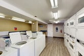 This shared laundry facility is a thoughtfully organized, single-floor space designed to accommodate the laundry needs of a multi-unit building. The room features a generous row of top-load washing machines lining one side, complemented by multiple stacks of coin-operated dryers along the opposite wall, providing ample capacity for simultaneous use. The flooring throughout is a durable wood-look laminate in a warm gray-brown tone, offering both practicality and visual appeal. Overhead, bright fluorescent lighting ensures the entire space is well-illuminated. The walls combine painted drywall with concrete masonry block sections, giving the room a sturdy, utilitarian character. A dedicated folding and sorting area runs along the back wall, featuring a long blue-topped counter with bar-style seating — ideal for waiting or attending to laundry. Additional utility sinks and folding tables are available for convenience. A payment control panel and fire extinguisher are mounted near the exit door, ensuring safety and easy access to services. The layout is open and spacious, allowing for comfortable movement throughout. Informational signage is posted for user guidance. The overall design prioritizes functionality, cleanliness, and user convenience, making this a well-maintained communal amenity.
