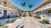 Located at 6627 Crenshaw Blvd in the Hyde Park neighborhood of Los Angeles, this multi-unit residential building presents a classic Southern California courtyard-style design. The two-story stucco structure is organized around a generous open-air courtyard, creating a communal outdoor living environment shared by all residents.

The courtyard is a standout feature, landscaped with a variety of drought-tolerant and tropical plants including towering palm trees, large agave specimens, banana trees, and ornamental succulents. This verdant setting gives the property a lively, welcoming character while requiring relatively low maintenance.

Units on the ground floor are accessed directly from the courtyard, while upper-floor units are reached via exterior staircases with metal railings positioned at multiple points throughout the complex. Upper-level units benefit from covered balconies that overlook the courtyard below. Windows are distributed along both floors, allowing natural light to reach individual units throughout the day.

A covered drive-through passage connects the street-facing side of the building to the rear courtyard, providing a sheltered entry point with ceiling-mounted lighting. The rear of the property opens into a secondary courtyard space, further extending the usable outdoor area. The overall layout and design reflect the enduring courtyard apartment typology characteristic of mid-century Los Angeles residential architecture.