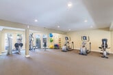 Located at 3700 Lillick Dr in Santa Clara, California, this fitness center offers a generously sized, single-floor exercise room designed to support a well-rounded workout experience. The space is finished with neutral beige walls and wall-to-wall carpeting, creating a clean and comfortable environment throughout.

Natural light flows generously into the room through a series of large windows and glass-panel doors along the perimeter, providing views of the surrounding outdoor landscape and contributing to a bright, open atmosphere. Recessed ceiling lighting supplements the natural light, ensuring the space remains well-illuminated at all times.

Structural columns are thoughtfully integrated into the layout without impeding the open floor plan, which accommodates a diverse selection of equipment. Cardio machines include multiple treadmills, elliptical trainers, and a stationary recumbent bike, offering options for users of varying fitness levels. Strength and functional training needs are addressed through a multi-station cable machine, an adjustable weight bench, a full rack of dumbbells, and a wall-mounted storage rack stocked with medicine balls and stability balls in various sizes.

The room's layout is spacious and uncluttered, allowing for easy movement between stations. Informational signage is posted on the walls, and the space includes clearly marked exits for safety. Overall, the fitness center presents a well-equipped, inviting environment suited for daily exercise routines.