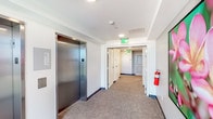 Located at 1221 Ala Kapuna Street in Honolulu, Hawaii, this commercial floor offers a well-appointed and functional layout designed for professional use. The space is accessed via two stainless steel elevators positioned side by side, providing efficient vertical circulation within the building. The elevator lobby opens into a carpeted corridor finished in neutral tones, with clean white walls and recessed lighting that create a bright, polished atmosphere. Dark base molding frames the flooring throughout, lending a refined, cohesive aesthetic to the hallway. Safety features are clearly integrated into the design, including a mounted fire extinguisher and illuminated emergency exit signage. The corridor leads to restroom facilities enclosed by standard commercial-grade doors, completing the functional core of the floor. A standout feature of this floor is a floor-to-ceiling glass window that frames sweeping panoramic views of the surrounding Honolulu landscape, including neighboring commercial rooftops, lush green hillsides, and a glimpse of the coastline beyond. This infusion of natural light and outdoor scenery adds an airy, open quality to what is otherwise a well-structured, professionally designed commercial environment.