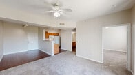 Located at 2222 N St Augustine Dr in Dallas, TX, this one-bedroom, one-bathroom unit offers a practical and comfortable single-floor layout. The open-concept living, dining, and kitchen area forms the heart of the home, with carpet flooring in the living space transitioning to wood-look hard flooring in the kitchen. A ceiling fan with light fixture keeps the living area comfortable, while a sliding glass door with vertical blinds opens to a private balcony, allowing natural light to pour in. The kitchen is equipped with warm oak cabinetry offering generous upper and lower storage, light countertops, a coil-top range, built-in microwave, and a full-size refrigerator. The bedroom features plush carpet, a ceiling fan, a window with blinds for natural light, and access to a well-sized walk-in closet with built-in shelving. The full bathroom includes a single-sink vanity with wood cabinetry, a large mirror, and a tub-shower combination. A dedicated laundry room with washer and dryer hookups and wall-mounted wire shelving adds everyday convenience. Three closets throughout the unit provide exceptional storage capacity, rounding out this well-appointed Dallas residence.