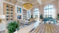 Located at 5400 Broken Sound Blvd NW in Boca Raton, Florida, this single-floor commercial space presents a striking and sophisticated lobby environment designed with a refined coastal aesthetic. The grand entrance is defined by soaring coffered ceilings adorned with cascading multi-tiered gold chandeliers that command immediate attention. A series of elegant white arched corridors lined with brass wall sconces guide visitors through the space, creating a sense of depth and architectural continuity. Intricate geometric patterned flooring anchors the entry corridor, transitioning seamlessly to large-format polished tile throughout. The main lounge area features a statement fireplace with decorative blue-tiled surround, flanked by built-in shelving displaying curated teal ceramic vases and original artwork. Floor-to-ceiling arched windows bathe the interior in abundant natural light, offering views of the surrounding Florida landscape and complemented by sheer drapery. A teal baby grand piano serves as a distinctive focal point, while lush tropical potted plants reinforce the space's vibrant, resort-inspired character. A dedicated workspace area with glass-partition offices and open seating adds functional versatility to this impressively appointed facility.