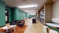 Located at 200 Euclid Ave in the heart of Cleveland, Ohio, this single-floor amenity lounge is a thoughtfully designed communal space that blends lively aesthetics with practical functionality. The space is defined by striking teal accent walls and curved columns that run its length, paired with warm light wood herringbone-style flooring that creates an inviting, energetic atmosphere throughout.

The lounge is organized into several distinct zones. A generous living area features plush, modular orange sofas arranged around circular coffee tables atop a blue area rug, anchored by a large wall-mounted flat-screen TV set against a textured teal feature wall with warm wood cabinetry below. Geometric linear pendant lighting overhead adds a modern, dynamic element to the ceiling design.

A casual dining and bar-height seating section offers white bistro tables and chairs arranged along the teal walls, ideal for social gatherings. A billiards table provides additional recreational opportunities within the open floor plan.

The built-in kitchenette is a functional highlight, featuring dark cabinetry, a black countertop, stainless steel appliances including under-counter refrigerators, a sink with a matte black faucet, and white subway tile backsplash framed in warm wood millwork. Adjacent banquette seating with geometric wallpaper adds a cozy nook for informal conversation. The overall design is cohesive, contemporary, and purpose-built for community engagement.