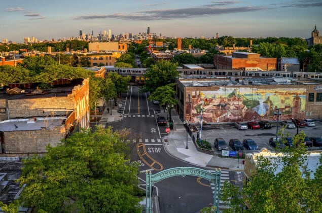 An aerial shot of Lincoln Square during sunset