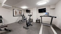Located at 60 Park Ave in Halton Hills, Ontario, this fitness center is a dedicated, efficiently organized exercise space designed to meet a variety of workout needs. The room features durable rubber-composite flooring throughout, providing a safe and resilient surface suitable for both cardio and strength training activities.

The space is equipped with a well-rounded selection of fitness equipment, including a treadmill, upright stationary bike, elliptical/cross-trainer, and a multi-functional cable machine by Hoist, ideal for a full range of resistance exercises. A tiered dumbbell rack holding a complete set of free weights is paired with an adjustable Advenor workout bench, supporting targeted strength training routines.

Multiple wall-mounted flat-screen televisions are positioned throughout the room, allowing users to stay entertained during workouts. A framed art piece adds a subtle decorative touch to the otherwise functional environment. A wall-mounted ductless mini-split air conditioning unit ensures climate control and comfort year-round.

The space is illuminated by flush-mounted ceiling light fixtures that provide bright, even lighting across the entire area. White walls and a clean, minimal aesthetic give the room a bright and professional feel. A hand sanitizer dispenser and waste receptacle near the entrance reflect attention to hygiene standards. The space is accessed through a private doorway, offering a self-contained fitness environment.