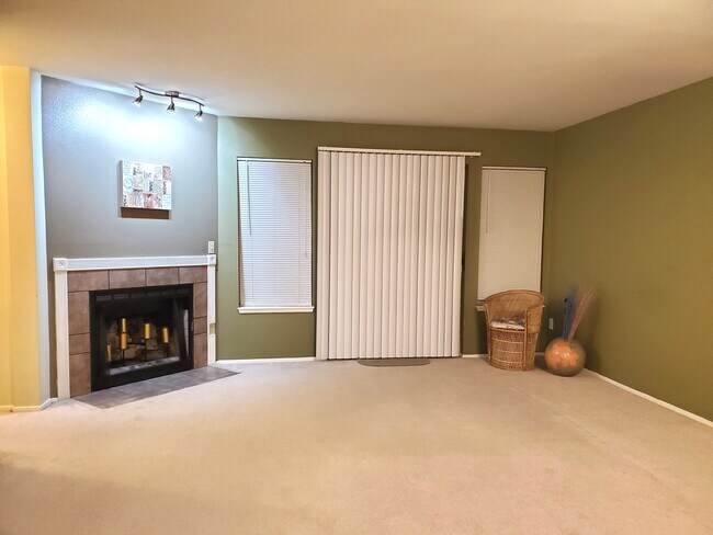 Cozy living room with fireplace, and sliding doors leading to the patio and storage. - 5300 Harbour Pointe Blvd