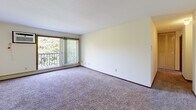 Located at 3359 Coachman Rd in Eagan, Minnesota, this one-bedroom, one-bathroom unit offers a straightforward and functional layout spread across a single floor. The open living area is finished with plush wall-to-wall carpeting, neutral cream-toned walls, and a textured ceiling, creating a clean and understated atmosphere. A large sliding glass door with vertical blinds opens to a private balcony, flooding the living space with natural light and offering views of mature surrounding trees. Baseboard heating runs along the perimeter, ensuring comfortable warmth throughout the colder Minnesota seasons. The kitchen features dark wood cabinetry with ample storage, a granite-style countertop, and wood-look hard flooring, providing a practical workspace that transitions smoothly from the living area. The bedroom is generously sized, with carpeted flooring, a window that brings in natural light and greenery views, a closet with slatted doors, and continued baseboard heating. The full bathroom is finished with tile flooring, a single-sink vanity with warm wood cabinetry, and a full tub-shower combination with a white surround. A hallway connects the main spaces, adding a sense of flow and privacy. This unit offers a comfortable and well-organized living environment in a convenient Eagan location.