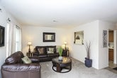 This single-floor residence offers a comfortable and functional layout across several well-defined living spaces. The living room serves as the heart of the home, featuring plush carpeting, neutral-toned walls, and a sliding glass door that opens to a private balcony with outdoor seating — flooding the space with natural light and providing pleasant outdoor views. A ceiling fan overhead and an adjacent dining area with carpet flooring and sliding patio access complete the open, airy atmosphere of this shared living zone.

The galley-style kitchen is efficiently designed, with warm wood cabinetry lining both walls, white appliances including a refrigerator and dishwasher, light tile flooring, and generous counter space ideal for meal preparation.

The residence includes two carpeted bedrooms. The primary bedroom features large windows dressed with sheer curtains that invite natural light, and includes a closet for storage. The second bedroom also offers carpeted flooring, a sliding wood closet, and a decorative accent wall, giving the room a distinct character.

The full bathroom is thoughtfully finished with tile flooring, a vanity with integrated sink, wood cabinetry, and a shower-tub combination, accented by soft blue walls that lend a calm, spa-like ambiance. Overall, the space exudes a warm, livable charm throughout.