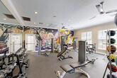 Located at 6929 Commerce Circle in Baton Rouge, Louisiana, this fitness center offers a well-appointed exercise space designed to support a full range of workout routines. The room is finished with durable rubber flooring, crown molding, and recessed lighting throughout, creating a clean and polished environment conducive to focused training.

A standout feature of the space is a large, vibrant pop-art style mural covering an entire accent wall, depicting colorful athletic and celebratory figures in bold purples, golds, and blacks — adding a dynamic and locally inspired energy to the room. Ceiling fans are mounted overhead to maintain airflow and comfort during workouts.

The cardio zone is equipped with treadmills, elliptical trainers, and stationary bikes, all positioned near windows fitted with plantation-style shutters that allow natural light to filter in. The strength training area offers an extensive selection of equipment, including cable machines, multi-function weight stations, adjustable benches, and a full dumbbell rack. Stability balls and medicine balls are also available for functional fitness training.

A large mirror along one wall enhances the sense of space and allows for form monitoring during exercise. A water cooler and digital clock are conveniently positioned near the entrance. The space is accessible via a glass-paneled door and benefits from good natural light throughout.