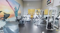 This fitness facility is thoughtfully designed to accommodate a variety of workout routines within a clean, efficiently organized space. The room features durable dark flooring suited for high-traffic exercise use, and the neutral gray walls create a calm, focused environment. A striking large-scale mural dominates one wall, depicting a triumphant figure with arms raised against a vibrant sky — serving as an energizing focal point and source of motivation for users.

The space is outfitted with a selection of professional-grade cardio and strength equipment, including a recumbent exercise bike, multiple treadmills, and a multi-function cable strength machine, providing options for both cardiovascular and resistance training. The equipment is arranged with ample space between units to allow comfortable, safe use.

At the far end of the room, warm-toned wood-paneled doors lead to an adjoining area, while additional storage or utility space is accessible via yellow cabinetry along the side wall. A wall-mounted mirror enhances the sense of openness and allows users to monitor their form during workouts. Natural light enters the space, contributing to a bright and welcoming atmosphere. Overall, this facility offers a practical and motivating environment well-suited for a broad range of fitness activities.
