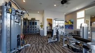 Located at 2980 Mark Andrew Dr in Dublin, Ohio, this single-floor fitness center is thoughtfully designed to support a full range of workout routines. The space is outfitted with a diverse array of strength training machines and cardio equipment, offering members everything they need for a complete exercise session. A dedicated storage wall unit provides organized shelving for kettlebells, medicine balls, and other free weights, keeping the floor area clean and accessible. Colorful artwork adorns the walls, adding an energetic and motivating ambiance to the space. Recessed lighting and a ceiling fan provide consistent illumination and airflow throughout the main workout area. A separate room visible through a doorway houses additional cardio equipment, including a treadmill, allowing for a more private or focused training environment. Large windows in this secondary area invite natural light, enhancing the overall atmosphere. The durable, patterned carpet flooring provides both practicality and comfort underfoot. Overall, the fitness center strikes a balance between functionality and aesthetic appeal, creating an inviting environment well-suited for residents looking to maintain an active lifestyle.