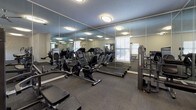 This single-level fitness center is thoughtfully designed to accommodate a wide range of workout needs. The space is divided into functional zones, beginning with a dedicated cardio area lined with floor-to-ceiling mirrors that visually expand the room. This section houses multiple treadmills, stationary bikes, and other cardio machines, illuminated by flush-mount ceiling lights and benefiting from natural light through slatted windows. Ceiling fans provide additional airflow throughout.

A strength training zone contains a full rack of dumbbells organized on a two-tier stand, alongside cable machines and a multi-use weight bench. An additional area accommodates larger strength equipment, including a power rack and leg press machine, offering versatility for various training routines.

A dedicated stretching and flexibility corner is carpeted in neutral grey tile-patterned flooring and features a decorative tree mural as a focal point, creating a calming atmosphere. This area includes a stability ball, storage bins for mats, a wall-mounted paper towel dispenser, and a drinking fountain for convenience.

Throughout, the neutral grey walls, textured ceilings, and grey carpet tiles create a cohesive, modern aesthetic that is both functional and welcoming.