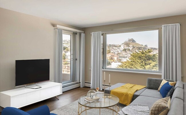 Limited availability: newly renovated Finish Package II living area with hard surface flooring - Sunset Towers