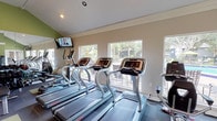 This fitness center is a thoughtfully designed single-level space that offers a comprehensive workout environment. The room is anchored by striking vaulted ceilings accented with crown molding, creating an open and airy atmosphere. A bold green accent wall adds a vibrant, energizing touch to the otherwise neutral color palette, while ceiling fans ensure comfortable airflow throughout.

The flooring features durable dark tiles interspersed with green accent squares, providing both functionality and visual appeal. A large wall-to-wall mirror along one side of the room amplifies the sense of space and allows users to monitor their form during exercise.

The cardio zone is well-appointed with multiple Star Trac treadmills and elliptical trainers positioned along large windows that overlook a lush outdoor area, complete with views of palm trees and a pool patio. A wall-mounted flat-screen television accompanies this section for entertainment during workouts.

The strength training area is equally comprehensive, featuring a variety of cable machines, weight machines by True and Cybex, a full rack of dumbbells, and workout benches. Natural light streams in through multiple windows and glass-paned doors, keeping the space bright and inviting throughout the day. A water cooler is conveniently positioned for easy access, rounding out this fully functional fitness facility.