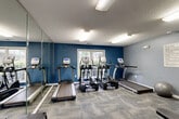 Located in Charlotte, NC, this fitness center offers a comprehensive workout environment designed to support a variety of exercise routines. The room is finished with durable, patterned carpet tile flooring and features a textured ceiling with bright fluorescent lighting to ensure excellent visibility throughout.

Bold blue accent walls give the space an energetic and motivating atmosphere, complemented by light grey walls on the remaining sides. A full-length mirror spans one wall, effectively enhancing the sense of space and allowing users to monitor their form during workouts.

The cardio section is well-appointed with multiple treadmills and elliptical machines from the True Fitness brand, all positioned facing a row of windows that bring in natural light and views of the surrounding greenery — creating an inviting environment for cardio training.

The strength training area includes a multi-function cable machine with an adjustable bench, stability balls, and additional free weight accessories, providing options for a full-body workout. Two exterior doors offer convenient access directly from outside.

Overall, this fitness center is thoughtfully arranged to maximize functionality within its compact footprint, delivering a focused and well-equipped exercise facility for residents at Holliswood Court in Charlotte, NC.