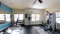 This single-story fitness room is designed to support a well-rounded exercise routine. The space features dark, durable flooring suited for heavy equipment use, while neutral-toned walls and white ceilings create a clean, focused environment. Two windows fitted with wood-slat blinds allow natural light to filter into the room, casting bright streaks across the floor and contributing to an open, energizing atmosphere. A ceiling fan overhead provides air circulation during intense workouts. The room is outfitted with a comprehensive selection of equipment, including a dumbbell rack stocked with a wide range of weights, kettlebells, a cable machine, a multi-function strength station, and a bench press setup. A wall-mounted informational chart is also present, offering guidance for users. The layout is thoughtfully arranged to allow adequate space between equipment, promoting safe and efficient movement throughout the room. Recessed lighting supplements the natural light, ensuring the space remains well-lit at all times. Overall, the fitness room presents a practical and functional environment suitable for both strength training and general conditioning.