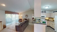 This single-floor residence is thoughtfully designed with an open-concept layout that connects the living room, dining area, and kitchen into one cohesive space. The living room is a standout feature, boasting vaulted ceilings that lend a sense of generous vertical space and airiness. Sliding glass doors along one wall allow natural light to filter in and provide access to an outdoor area. The kitchen is well-equipped with light wood cabinetry, dark countertops, a double sink, and white appliances including an electric range and built-in microwave. A pass-through counter connects the kitchen to the living space, maintaining the open feel. A cozy dining nook sits adjacent to the kitchen, featuring a window that brings in natural light.

The bedrooms are carpeted and comfortably sized, each with windows that allow for natural light. One bedroom features a dark accent wall and a garden-facing window, while another offers views of surrounding greenery. A full bathroom includes a tiled tub-shower combination with tile surround. A dedicated laundry closet houses a full-size washer and dryer with built-in shelving above. An entry stairwell with an arched window adds an architectural detail to the home's interior.