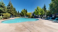 Located at 3301 Arena Blvd in Sacramento, CA, this outdoor community amenity space offers a well-appointed retreat designed for relaxation and recreation. The centerpiece is a generously sized, freeform swimming pool with crystal-clear blue water, gentle entry steps, and a smooth concrete surround that provides ample space for lounging and socializing. Surrounding the pool, teal chaise lounge chairs and shaded seating areas — complete with umbrellas and a pergola-style structure — offer comfortable spots to unwind under the Sacramento sun. A dedicated pool house with large glass doors serves as a functional anchor to the space, providing easy access to facilities. The grounds are thoughtfully landscaped with a rich variety of mature trees, including towering pines and leafy deciduous specimens, which frame the area and provide natural shade. Manicured shrub beds, flowering plants, and stone-lined pathways wind through the greenery, adding color and texture throughout the seasons. Wrought-iron fencing defines the perimeter, creating a sense of privacy and security while maintaining an open, airy feel. The overall ambiance is that of a serene, resort-inspired outdoor environment that balances vibrant greenery with clean, modern amenities.
