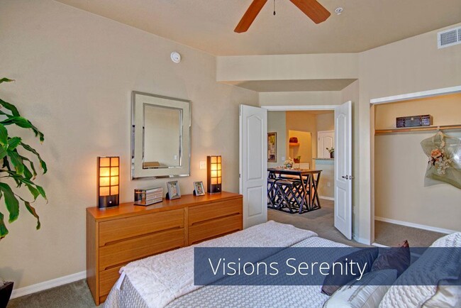 A bedroom with a ceiling fan and large closet - Visions