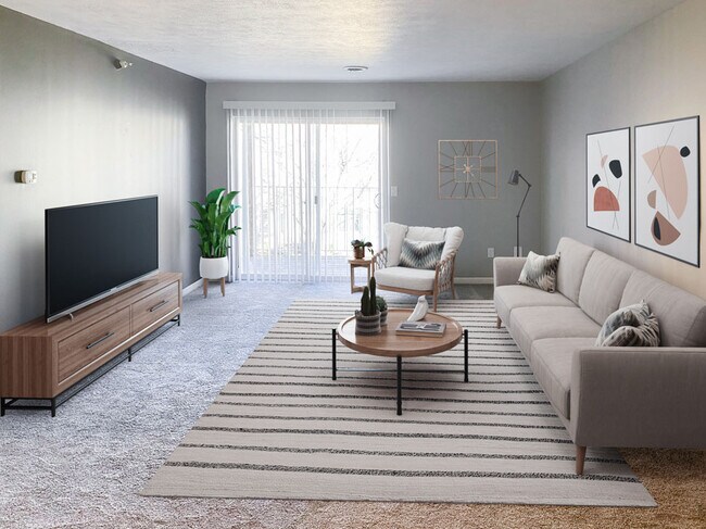 Amplia sala de estar con televisor y alfombras de peluche - Woodbury Heights