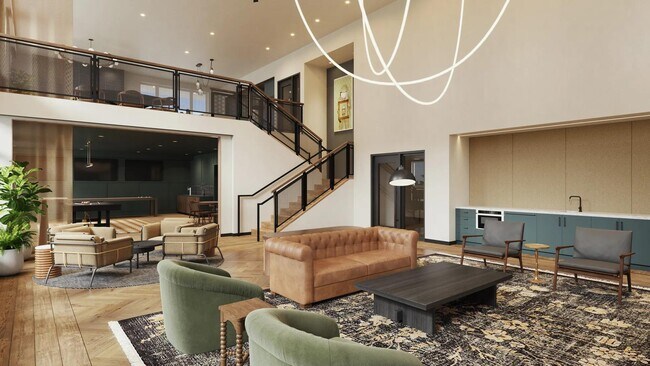 Salón de dos pisos en la azotea con espacio de reunión y cocina de demostración en los apartamentos Modera Shoreline cerca de Seattle, WA. - Modera Shoreline