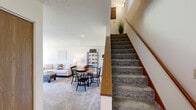 This two-story home offers a well-organized layout spread across two floors, providing comfortable living spaces throughout. The main level features an open-concept living and dining area, where soft carpet flooring and neutral walls create a bright, welcoming atmosphere. A sliding glass door in the living room fills the space with natural light and provides views of the surrounding greenery. The adjacent galley-style kitchen is outfitted with warm wood cabinetry, light countertops, black appliances including a refrigerator, range, microwave, and dishwasher, and durable hardwood-style flooring. A large window at the kitchen's dining nook further enhances the sense of openness. A full bathroom on the main level offers a single vanity with clean, simple finishes. A carpeted staircase with a warm wood handrail leads to the upper floor, where both bedrooms are located. The generously sized primary bedroom features vaulted ceilings, a closet, and a window overlooking the outdoors. The second bedroom is similarly comfortable with ample natural light. The upper-level bathroom is notably spacious, featuring dual vanities with wood cabinetry, a tub-shower combination, and hardwood-style flooring, making it a practical and well-appointed space. Throughout, the home maintains a consistent, clean aesthetic with neutral tones and functional design.