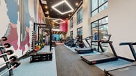 Located at 1015 N Alexander Street in Charlotte, NC, this fitness center is a thoughtfully designed, single-floor facility that offers a comprehensive workout environment. The space features soaring double-height ceilings that lend an open, energizing atmosphere, enhanced by large floor-to-ceiling windows along one wall that flood the interior with natural light and provide views of the surrounding neighborhood.

The layout is divided into distinct functional zones. One side is dedicated to cardio equipment, including multiple treadmills and StairMaster machines, positioned to take advantage of the natural light from the windows. The opposite side is outfitted with a full strength training area, featuring power racks, a comprehensive dumbbell rack, weight plates, resistance bands, medicine balls, and cable machines. A central rubberized runner strip separates the two zones, allowing for functional movement exercises.

A vibrant, large-scale mural anchors the space artistically, featuring bold abstract forms in pink, blue, and teal that complement the colorful accent walls. Geometric diamond-shaped pendant light fixtures hang from the dark ceiling, providing focused task lighting throughout. Flooring transitions between carpet, rubber, and tile zones to suit different workout needs. The overall ambiance is modern, energetic, and visually dynamic, making it a motivating environment for a wide range of fitness activities.