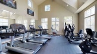 This fitness center is defined by its striking vaulted ceiling, which rises dramatically to create an open, airy atmosphere that sets it apart from typical gym spaces. The soaring roofline is complemented by an array of large windows positioned along the walls and near the peak of the vault, flooding the interior with natural light and offering views of the surrounding greenery outside.

The space is generously sized, providing ample room for a well-rounded selection of cardio equipment, including multiple treadmills, elliptical machines, and stationary bikes arranged to maximize both usability and comfort. A dumbbell rack and additional strength-training equipment are visible toward the rear of the room, offering a complete workout experience.

Full-length mirrors line one wall, enhancing the sense of space while serving a functional purpose for form-checking during exercise. The flooring consists of durable, dark fitness-grade material designed to withstand heavy equipment and high foot traffic. A wall-mounted flat-screen television provides entertainment options. The overall ambiance is bright, clean, and welcoming.