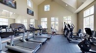 This fitness center is defined by its striking vaulted ceiling, which rises dramatically to create an open, airy atmosphere that sets it apart from typical gym spaces. The soaring roofline is complemented by an array of large windows positioned along the walls and near the peak of the vault, flooding the interior with natural light and offering views of the surrounding greenery outside.

The space is generously sized, providing ample room for a well-rounded selection of cardio equipment, including multiple treadmills, elliptical machines, and stationary bikes arranged to maximize both usability and comfort. A dumbbell rack and additional strength-training equipment are visible toward the rear of the room, offering a complete workout experience.

Full-length mirrors line one wall, enhancing the sense of space while serving a functional purpose for form-checking during exercise. The flooring consists of durable, dark fitness-grade material designed to withstand heavy equipment and high foot traffic. A wall-mounted flat-screen television provides entertainment options. The overall ambiance is bright, clean, and welcoming.