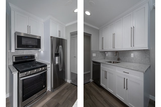 Quartz Countertop/Shaker Style Cabinets/Plank Floor Tile - Fairfield Courtyard at Lake Grove Apartments