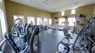 This fitness center is a single-floor facility designed to support a comprehensive workout experience. The space is outfitted with a diverse selection of exercise equipment, including treadmills, elliptical machines, stationary bikes, and multi-function strength training machines, catering to a wide range of fitness goals and routines.

The room features warm olive-toned walls that lend a welcoming ambiance, complemented by durable rubber flooring that provides both safety and comfort during exercise. Multiple windows line the walls, allowing ample natural light to fill the space and offering views of the surrounding exterior, creating an open and energizing atmosphere.

Two ceiling fans are installed overhead, ensuring consistent air circulation throughout the facility and maintaining a comfortable temperature during workouts. Recessed lighting supplements the natural light for well-lit conditions at any time of day. A wall-mounted flat-screen television is positioned for easy viewing from the cardio equipment area, adding an entertainment option for users during longer sessions.

A large mirror along one wall visually expands the space and allows users to monitor their form. The thoughtful layout ensures adequate spacing between machines, promoting ease of movement and a safe workout environment overall.