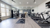 Located at 386 Attenborough Dr in Nottingham, MD, this fitness center offers a thoughtfully designed single-floor workout space that balances functionality with a clean, modern aesthetic. The interior features light wood-style flooring, recessed lighting, and a neutral color palette of white and deep gray that creates a focused and energizing atmosphere.

A floor-to-ceiling mirror spans one wall, visually expanding the space and providing workout feedback throughout the room. Large, multi-pane windows along another wall flood the area with abundant natural light, contributing to an open and motivating environment.

The cardio zone is well-stocked with multiple TRUE-brand treadmills, elliptical trainers, and a stair climber, as well as Peloton-style cycling bikes. A flat-screen television is mounted on the wall for entertainment during workouts. The free weights section includes a full dumbbell rack with an adjustable weight bench, while a cable machine and additional strength training equipment round out the resistance training options. Stability balls, medicine balls, and a resistance band station provide versatile options for functional training. A dedicated mat area supports stretching and floor exercises. A separate door leads to an adjacent utility or restroom area, adding to the overall convenience of the facility.