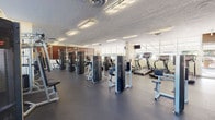 This fitness center offers a thorough and well-organized workout environment designed to meet a wide range of exercise needs. The space is laid out on a single floor, with a spacious open floor plan finished in durable dark rubber flooring throughout, providing a practical and professional gym setting.

The strength training area is generously stocked with a full lineup of Life Fitness selectorized machines, covering major muscle groups including chest, back, shoulders, legs, and arms. Free-weight and plate-loaded equipment, such as leg press and seated row machines, further expand the strength training options available.

The cardio section is positioned along the perimeter of the room and features multiple treadmills, upright and recumbent stationary bikes, and an elliptical trainer. A mounted flat-screen television accompanies the cardio area, allowing users to stay entertained during their workout.

Large windows along multiple walls flood the space with natural light and offer views of the surrounding outdoor environment, creating a bright and open atmosphere. A full-length mirror wall on one side enhances the sense of space and allows for form checks during exercise.

The textured ceiling is fitted with recessed and flush-mount fluorescent lighting, ensuring consistent illumination throughout. The overall layout is practical and spacious, allowing for comfortable movement between equipment stations.