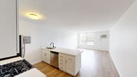This efficient and thoughtfully laid-out one-bedroom, one-bathroom residence offers a clean, modern aesthetic throughout its single floor. The open-concept kitchen and living area serves as the heart of the space, where a peninsula with a white quartz countertop and a stainless steel sink divides the two zones. The galley-style kitchen is well-appointed with white shaker cabinetry, a gas range, a stainless steel refrigerator, an over-the-range microwave, and a dishwasher — providing a full suite of appliances for everyday use. Light hardwood-style flooring runs throughout the main living areas, creating a bright and cohesive feel. The living room benefits from a large window that brings in abundant natural light and offers a view of the surrounding greenery, complemented by a wall-mounted air conditioning unit. The bedroom is a comfortable, well-proportioned room featuring a ceiling fan with light fixture, a window with vertical blinds, and a wide sliding-door closet offering generous storage. The bathroom is clean and functional, finished with dark tile flooring, a white vanity, and a full-size tub and shower combination with brushed nickel fixtures.
