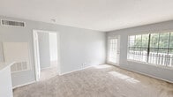 Located at 110 Lake Road in Lake Jackson, TX, this one-bedroom, one-bathroom unit offers a thoughtfully arranged single-floor layout with a clean, neutral aesthetic throughout. The combined kitchen and living room forms the heart of the unit, featuring light-colored carpet, soft gray walls, and white textured ceilings. Large windows fitted with horizontal blinds allow ample natural light to fill the space, while a patio door provides direct access to the private outdoor patio. The kitchen is defined by a breakfast bar-style peninsula with a light countertop, white cabinetry, a full suite of black appliances including a refrigerator, electric range, built-in microwave, and dishwasher, and durable wood-look flooring. A ceiling-mounted light fixture keeps the kitchen well-lit. The bedroom is a comfortable, carpeted room with a ceiling fan, a window with outdoor views, and access to a closet. The bathroom includes a full tub-shower combination with tiled surround, brushed nickel fixtures, a toilet, and wood-look flooring. A private patio rounds out the unit, offering outdoor space surrounded by mature trees.