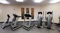 This single-floor fitness center offers a focused and functional workout environment designed to meet essential cardio training needs. The space is outfitted with multiple True-brand treadmills and an elliptical/stepper machine, providing users with a variety of cardiovascular exercise options. The equipment is arranged in an efficient layout that maximizes the available floor area without feeling cramped.

The room features neutral beige walls adorned with a set of decorative wall panels displaying abstract, earthy tones in rich reds and browns, adding a touch of visual interest to the otherwise utilitarian space. Overhead, recessed fluorescent panel lighting ensures the room is evenly and brightly lit throughout, creating a clear and energizing atmosphere for workouts.

The flooring consists of durable, speckled commercial-grade carpet well-suited for a fitness environment. The overall ambiance is clean, practical, and purposeful, with a straightforward design that keeps the focus on the exercise equipment. A fire alarm is visible on the wall, reflecting attention to safety standards. This fitness center is well-suited for individuals seeking a convenient, no-frills space for their daily cardio routines.