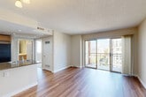 Located at 1215 East West Hwy in Silver Spring, MD, this one-bedroom, one-bathroom residence offers a thoughtfully designed layout across a single floor. The combined living and dining area serves as the heart of the home, showcasing warm hardwood-style flooring, neutral toned walls, and a textured ceiling. Sliding glass doors open to a private balcony, flooding the space with natural light and offering elevated views of the surrounding urban landscape.

The kitchen is efficiently designed with light maple cabinetry, dark granite countertops, tile flooring, and a full suite of black appliances including a gas range, built-in microwave, dishwasher, and refrigerator. A peninsula counter connects the kitchen to the living area, enhancing the open flow.

The bedroom is generously proportioned, featuring plush carpeting, two large windows that invite abundant natural light and urban views, and multiple closets providing excellent storage. The space is further complemented by a total of four closets throughout the unit.

The bathroom is clean and functional, featuring tile flooring, a single-sink vanity with a wood cabinet, a tub-shower combination, and a window for natural light. An entrance foyer and hallway complete the layout, providing a smooth transition between spaces.