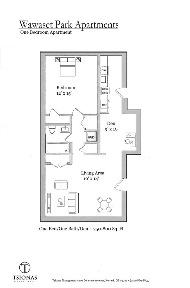 Una habitación con sala de estar Plano de piso - Wawaset Park Apartments