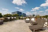 Located along Ralph McGill Boulevard in Atlanta's Old Fourth Ward, this rooftop terrace offers a dynamic outdoor experience with panoramic views of the Atlanta skyline and lush surrounding tree canopy. The space is divided into distinct zones that cater to a variety of uses and gatherings.

A generously sized covered pergola structure anchors the terrace, supported by industrial steel columns and outfitted with string lights that lend a warm ambiance for evening use. Beneath the pergola, multiple seating arrangements feature wicker furniture with bold yellow and green cushions, creating inviting lounge and conversation areas. Ceiling fans are integrated into the covered section, providing comfort during warmer months.

Beyond the covered zone, the open-air deck stretches expansively with polished concrete flooring underfoot. Sun loungers positioned along the perimeter invite relaxation, while bar-height seating and dining sets offer additional options for outdoor entertaining. Decorative planters with an upcycled industrial aesthetic add character to the space.

Cable and wire-panel railings border the entire terrace, maintaining unobstructed sightlines to the surrounding Atlanta cityscape, neighboring greenery, and the open sky above. The rooftop is illuminated by string lights that span the open deck areas, enhancing the space's versatility from daytime sun deck to evening gathering spot.