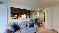 This single-floor space showcases an open-concept design that integrates the living area and kitchen into one cohesive environment. The living area is anchored by a plush, light gray sofa accented with blue and patterned throw pillows, lending the space a relaxed yet stylish character. Soft, neutral-toned carpeting underfoot enhances the warmth of the room.

Adjacent to the seating area, a compact bistro-style dining set with bar-height stools provides a casual spot for dining or conversation. A framed piece of artwork adorns the wall above, adding a decorative focal point to the space.

The kitchen is positioned behind a raised breakfast bar, creating a natural partition while maintaining the open feel of the layout. Dark espresso-toned cabinetry extends to the upper walls, offering generous storage and a rich contrast against the lighter countertops and walls. White appliances, including a refrigerator and range, are neatly integrated into the cabinetry. Recessed lighting throughout ensures the space remains bright and well-illuminated, contributing to an overall atmosphere that is both functional and inviting.
