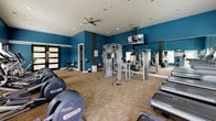 The fitness center at Flats of Fishers Marketplace is a well-appointed, single-level facility designed to support a comprehensive workout routine. The space is immediately distinguished by its bold teal accent walls contrasted against crisp white ceilings, creating an energetic and motivating atmosphere. Recessed lighting and a ceiling fan ensure the room remains bright and comfortable throughout.

The cardio zone is generously equipped with a row of treadmills, each featuring individual monitors, positioned along windowed walls that allow natural light to filter in and offer views of the outdoors. Elliptical trainers and stationary cycling bikes are also available, providing a variety of low-impact options.

The strength training area features a multi-functional cable machine and a dedicated dumbbell rack, complemented by floor-to-ceiling mirrors that visually expand the space and allow users to monitor their form. A wall-mounted television adds an entertainment element to the workout environment.

Stylish frosted-glass barn doors serve as a functional and design-forward entry point to a secondary room, which houses additional cardio equipment. Durable carpet tile flooring spans the entire facility, offering both comfort and practicality. Overall, the fitness center delivers a polished, fully equipped environment suited for residents seeking convenient, on-site exercise options.