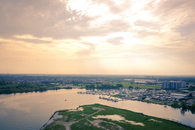 Whitby Harbour aerial view at sunset.