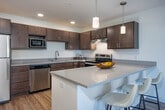 This contemporary single-floor unit offers a thoughtfully designed open-concept layout that seamlessly connects the living, dining, and kitchen areas. Light hardwood flooring flows throughout the space, creating a warm, cohesive aesthetic.

The living area is bright and inviting, featuring French doors that open to an outdoor space and allow natural light to pour in. The kitchen is well-equipped with dark wood cabinetry extending to the ceiling, stainless steel appliances including a refrigerator, microwave, and range, and a generous island with a light quartz countertop and bar seating for three — ideal for casual dining or entertaining. Pendant lighting above the island adds a modern finishing touch.

The bedroom is a comfortable and serene retreat, featuring a large window with outdoor views, ample closet space with built-in shelving, and continued hardwood flooring. The full bathroom is efficiently designed with a combination tub and shower, a dark wood vanity with a quartz countertop, a large mirror, and a stacked washer and dryer unit conveniently integrated into the space.

Throughout the unit, clean white walls and recessed lighting contribute to a bright, modern ambiance, making this a well-rounded and functional living space.