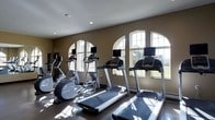 This single-floor fitness facility is thoughtfully designed to provide an inviting and functional workout environment. The space is anchored by a row of modern cardio equipment, including treadmills and elliptical machines, each outfitted with individual display screens for an enhanced exercise experience. The equipment is arranged to take full advantage of the room's most striking architectural feature: a series of elegant arched windows that line the wall and flood the space with generous natural light. The arched window design adds a refined, classic character to what is otherwise a clean, contemporary fitness space. Warm taupe-toned walls complement the neutral tones of the equipment and the dark flooring, creating a cohesive and focused atmosphere. Recessed ceiling lighting supplements the natural light, ensuring the space remains well-lit at all times. The dark, durable flooring is practical and well-suited to a high-use fitness environment. Views of the surrounding outdoor greenery are visible through the windows, offering a pleasant visual connection to the outdoors that enhances the overall ambiance. The layout is open and uncluttered, allowing for comfortable movement between equipment and making the space feel both spacious and organized.