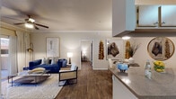 This single-floor residence offers a thoughtfully designed open-concept layout that seamlessly connects the living, dining, and kitchen areas. The living room is a comfortable and stylish centerpiece, featuring wood-look flooring, crown molding, a ceiling fan, and a sliding glass door that opens to a private balcony with outdoor seating and lush greenery views. The adjacent dining area is a defined yet open space, accented by warm overhead lighting and ample room for a full dining set. The kitchen is equipped with stainless steel appliances, including a range, oven, and over-the-range microwave, complemented by light wood cabinetry and granite-style countertops. The primary bedroom offers a generous layout with a ceiling fan, a walk-in closet, and direct access to an en-suite bathroom featuring a single vanity with stone countertops and a tub-shower combination. The second bedroom is equally comfortable, benefiting from natural light through a large window and its own closet space. A second full bathroom mirrors the finishes of the primary, maintaining a cohesive aesthetic throughout. Wood-look flooring runs consistently through the home, tying all spaces together in a warm and polished presentation.